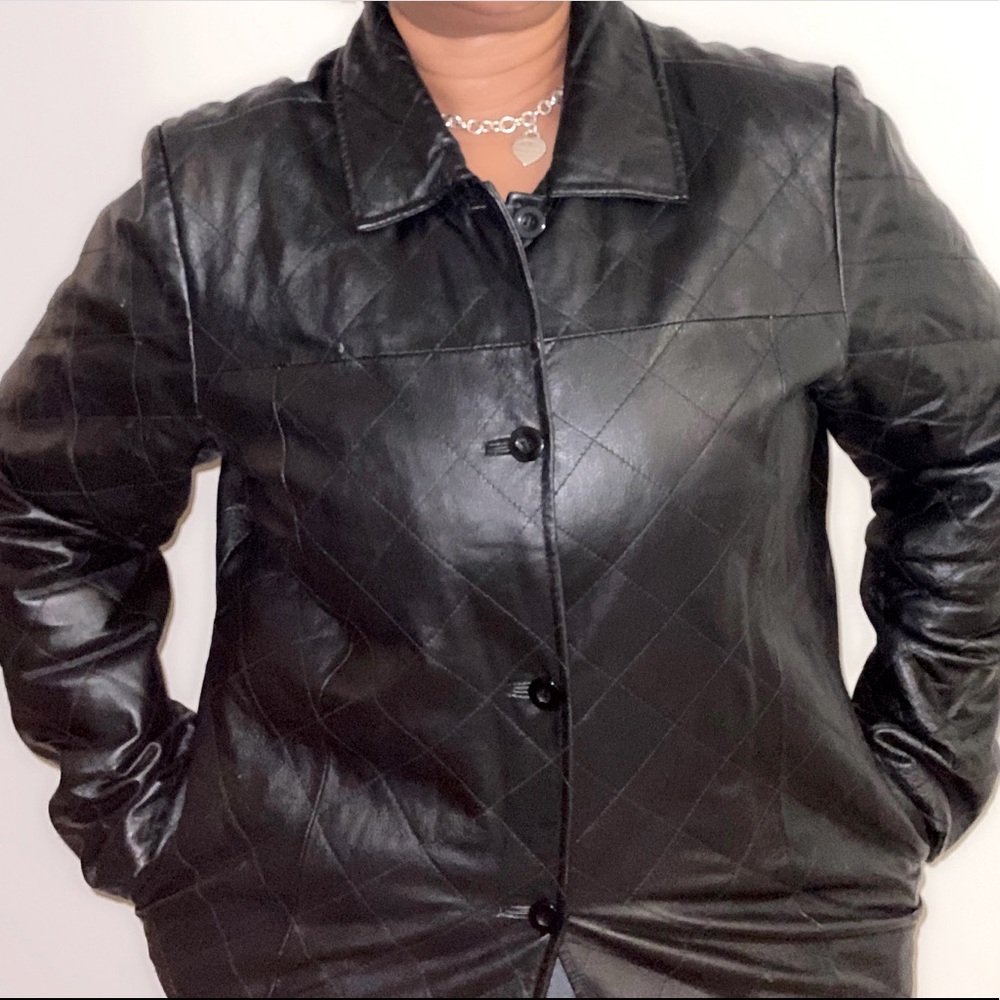 Large- Black Leather Quilted Jacket